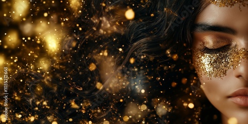 A close-up of a woman's face adorned with shimmering gold glitter around her eyes, with flowing dark hair and golden sparkles in the background, evoking a sense of elegance, beauty, and fantasy