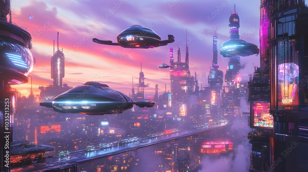 Futuristic city at dusk with neon-lit buildings and advanced hovercraft speeding through the air Futuristic city at dusk with neon-lit buildings and advanced hovercraft speeding through the air