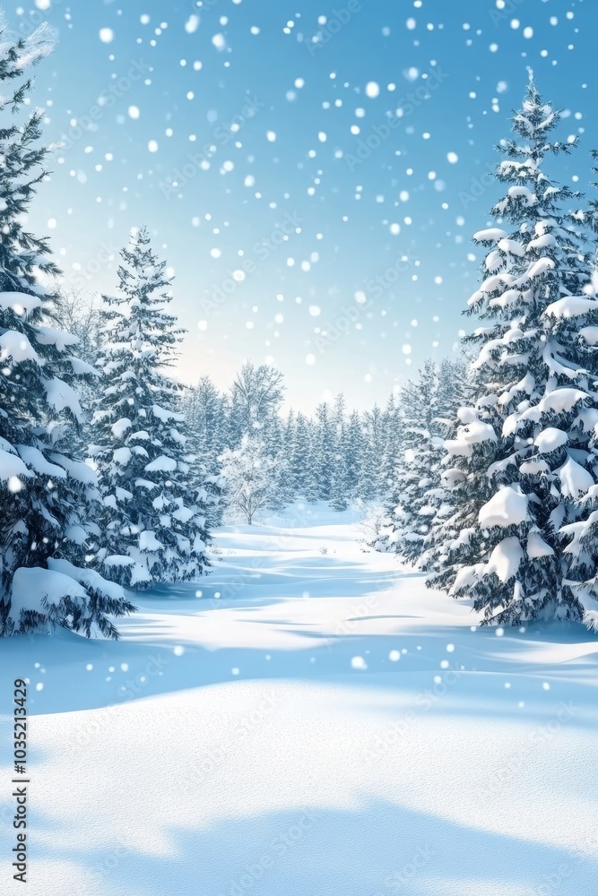 Fototapeta premium Snowy Path Through a Winter Wonderland. Scenic View of a Forest Covered in Fresh Snow on a Sunny Day