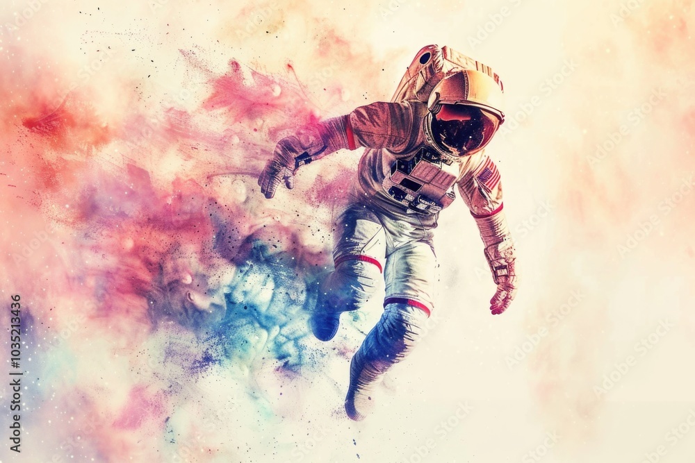 Fototapeta premium Astronaut in space suit floating in mid-air, no gravity environment