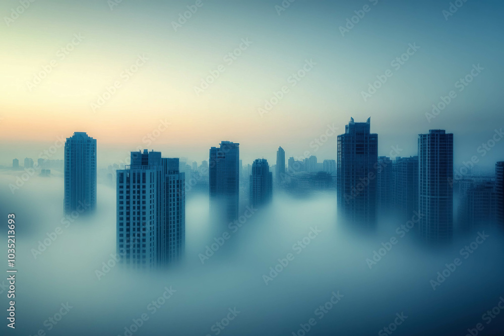 City Skyline Enveloped In Thick Fog With Skyscrapers Vanishing Into Mist. Foggy Urban Skyscraper Landscape City Skyline Enveloped In Thick Fog With Skyscrapers Vanishing Into Mist. Foggy Urban Skyscraper Landscape
