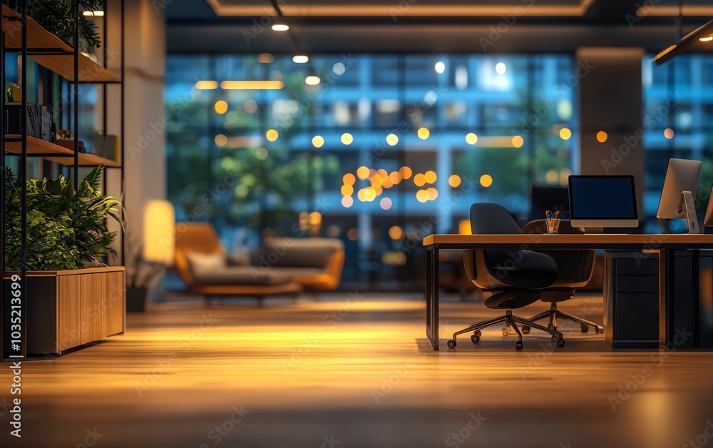 Chic modern office interior with empty spaces, showcasing blurred bokeh lighting effects, work tables, comfortable chairs, and computers, focusing on ecofriendly design principles Chic modern office interior with empty spaces, showcasing blurred bokeh lighting effects, work tables, comfortable chairs, and computers, focusing on ecofriendly design principles