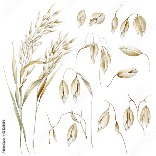 Vintage Botanical Illustration of Set Oat Grains Watercolor | Scientific Precision Elegance on Isolate Background, Png