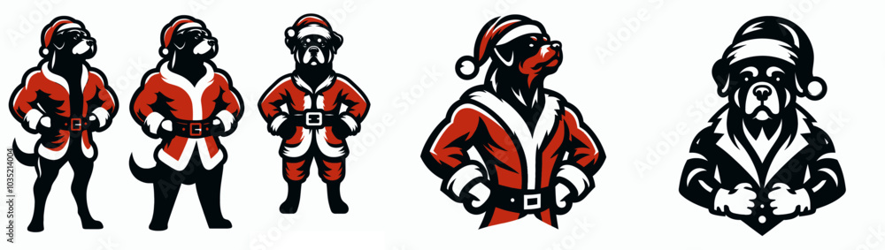 The image features cartoonish dog characters in festive Santa Claus outfits, showcasing different poses and expressions, exuding a fun holiday spirit. The image features cartoonish dog characters in festive Santa Claus outfits, showcasing different poses and expressions, exuding a fun holiday spirit.