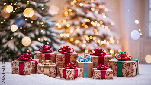 Pacchetti di regali di Natale con sfondo natalizio, albero di Natale, luci e neve photo