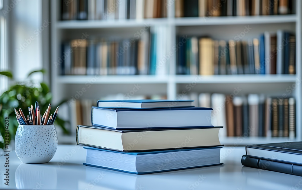 Cropped shot of a white table with neatly arranged books and stationery, featuring ample copy space and a softly blurred study room background for a cozy ambiance Cropped shot of a white table with neatly arranged books and stationery, featuring ample copy space and a softly blurred study room background for a cozy ambiance
