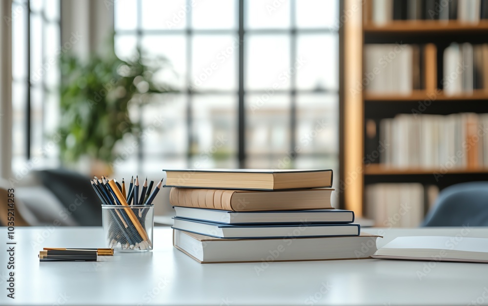 Cropped shot of a white table displaying books and stationery, with generous copy space and a beautifully blurred study room background for a sophisticated touch