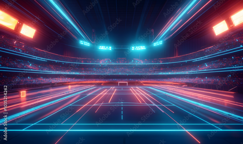 Fototapeta premium Dynamic Neon Football Action with Futuristic Geometric Patterns and Vibrant Light Trails for High-Energy Sports Advertising Backgrounds