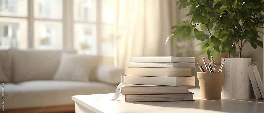 Cropped view of a white table showcasing books and stationery, featuring ample copy space and a blurred study room background for a warm, inviting atmosphere Cropped view of a white table showcasing books and stationery, featuring ample copy space and a blurred study room background for a warm, inviting atmosphere