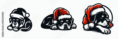 Wallpaper Mural Three cute, cartoon-style dogs wearing Santa hats, each with a different pose, evoking a festive and playful holiday spirit. Torontodigital.ca