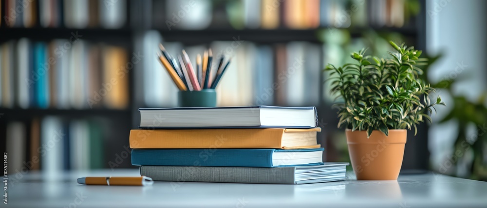 Elegant cropped view of a white table with books and stationery, showcasing clear copy space, framed by a blurred study room backdrop for a chic look Elegant cropped view of a white table with books and stationery, showcasing clear copy space, framed by a blurred study room backdrop for a chic look