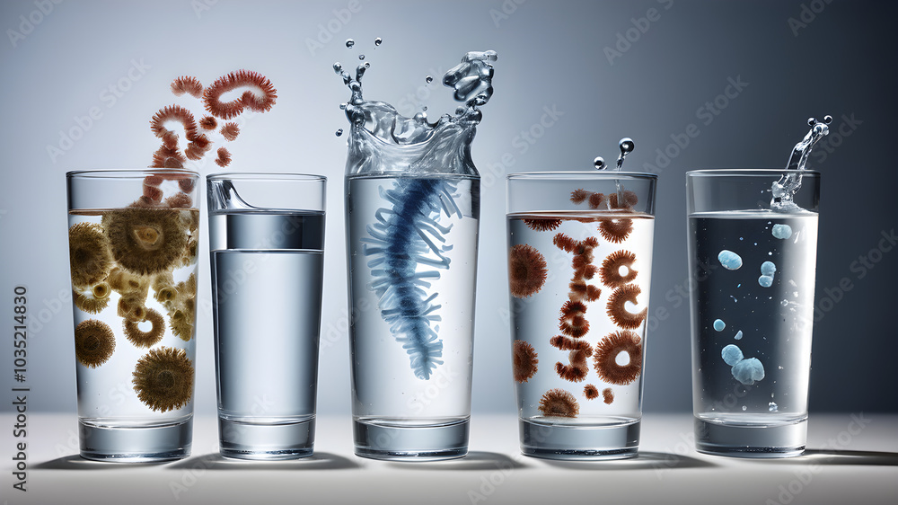 Fototapeta premium Glass with dirty water as water pollution concept. hygiene and health concept with germs stickers on it.
