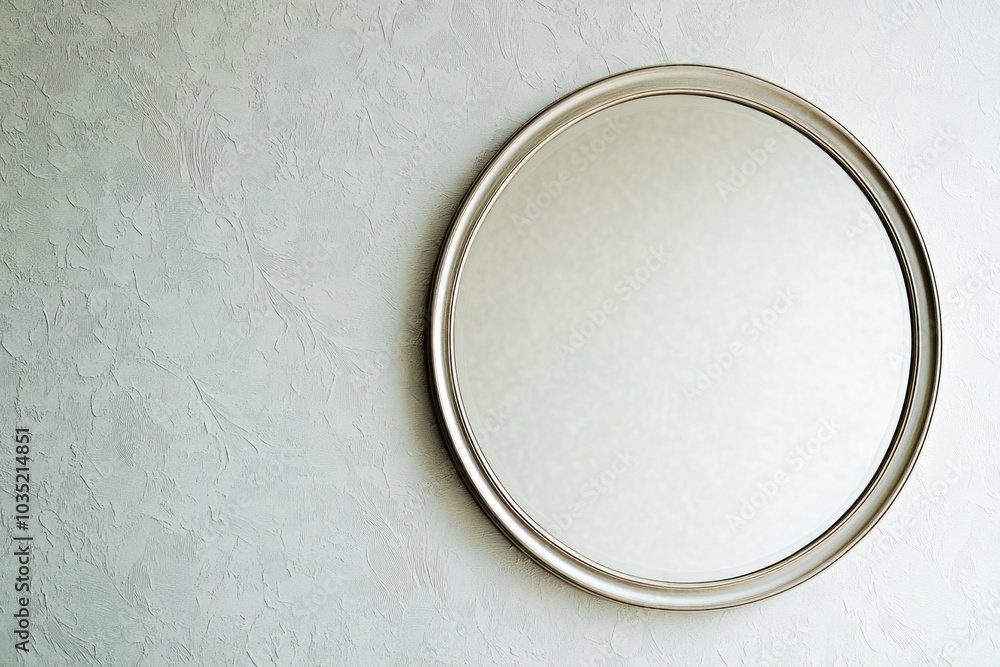 A decorative round mirror hangs on a clean white wall A decorative round mirror hangs on a clean white wall