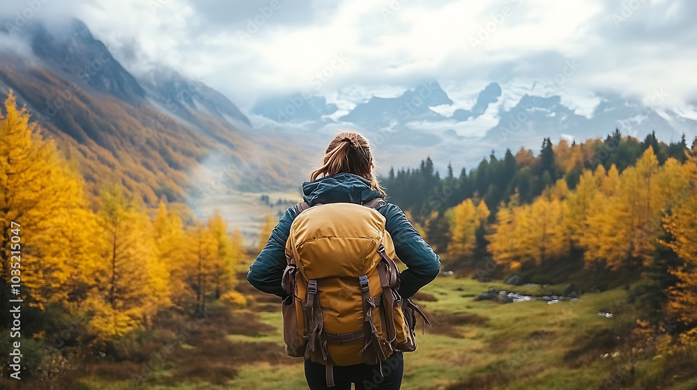 Solo Backpacker Exploring Scenic Mountain Landscape in Autumn Solo Backpacker Exploring Scenic Mountain Landscape in Autumn