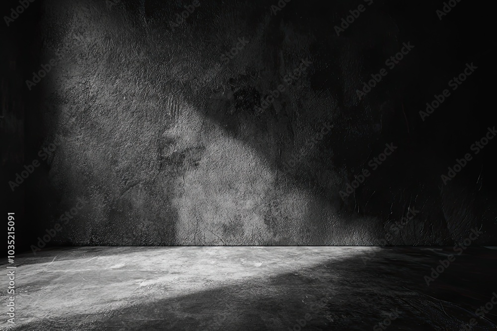 Dark, empty room interior with a concrete wall and floor Dark, empty room interior with a concrete wall and floor