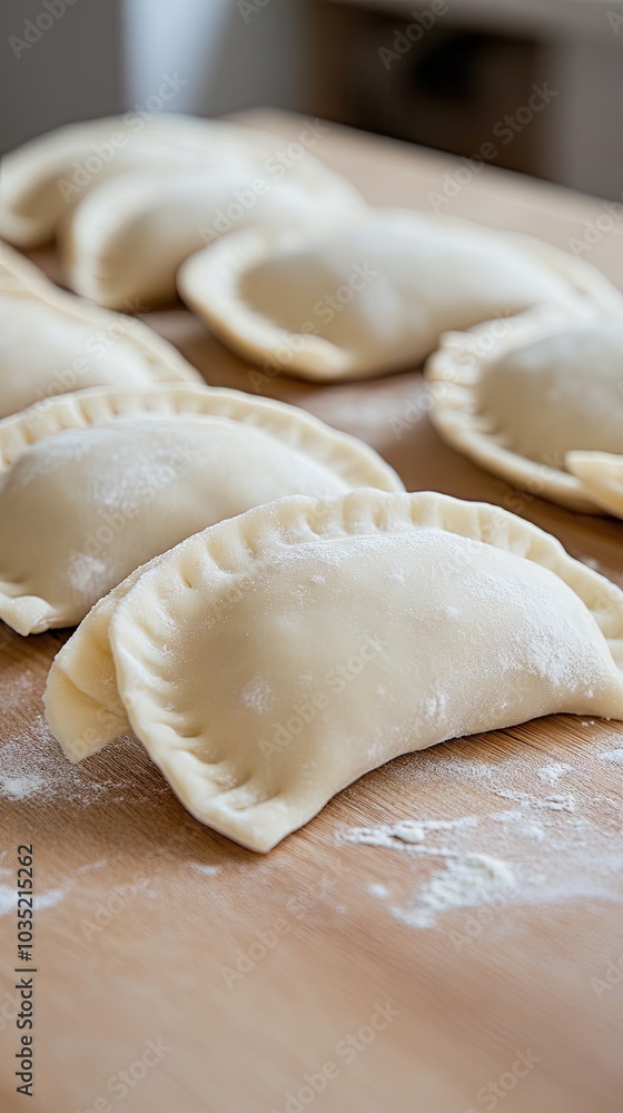 Fresh handmade ravioli artfully arranged on a rustic wooden table, surrounded by flour and dough pieces waiting to be filled and shaped Fresh handmade ravioli artfully arranged on a rustic wooden table, surrounded by flour and dough pieces waiting to be filled and shaped
