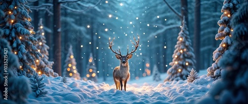 Christmas banner with magical scene of a reindeer in center in snowy forest with Christmas trees with lights and stars with copy space