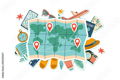 Travel collage. Summer vacation banner. World map with travel dectinations and travel object around isolated on white.