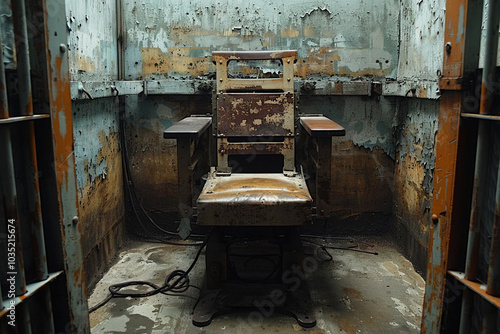 A worn electric chair in a desolate execution chamber from a bygone era of capital punishment photo