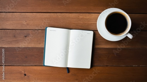 A blank notebook opens on a wooden table beside a steaming cup of coffee on a white saucer, inviting inspiration and creativity in a serene setting.