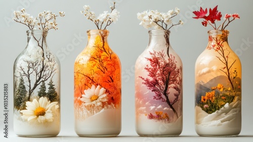 Vivid representations of seasons are artistically displayed through milk glass filled with unique floral arrangements photo