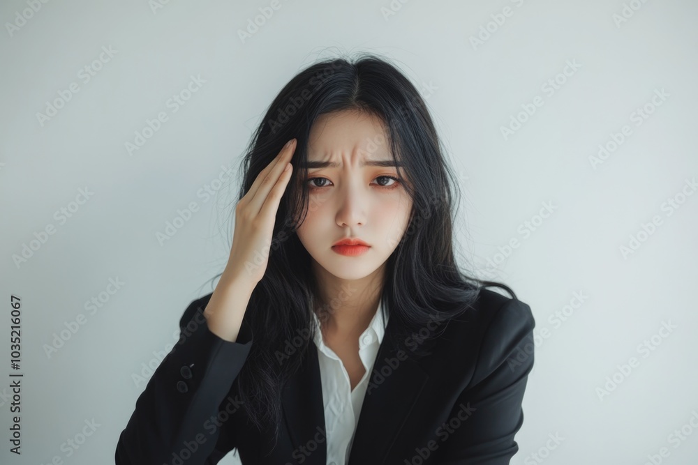 Fototapeta premium A woman in a business suit holding her head, possibly experiencing stress or discomfort