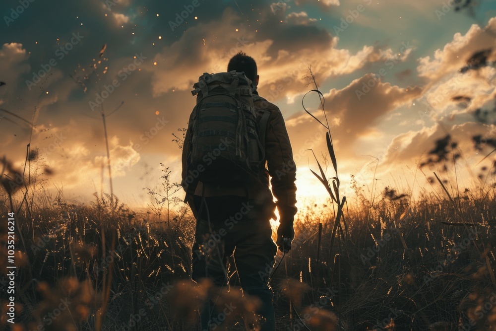 A person hiking or exploring a grassy field A person hiking or exploring a grassy field