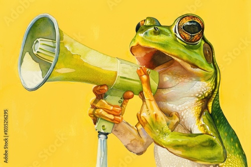 A curious frog holding a megaphone, ideal for illustrations or designs related to music, environment, or humor