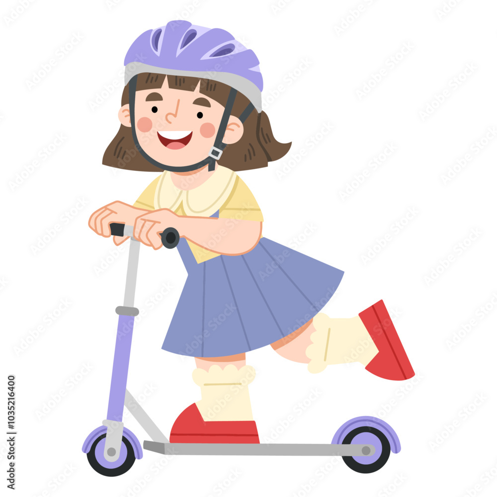 Vector illustration of happy girl riding a kick scooter Vector illustration of happy girl riding a kick scooter