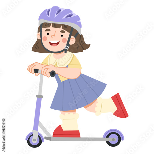 Vector illustration of happy girl riding a kick scooter