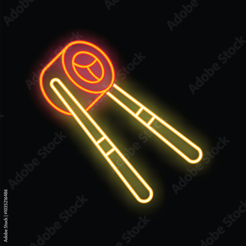 Bright sushi bar neon sign with glowing chopsticks holding sushi roll on black brick wall
