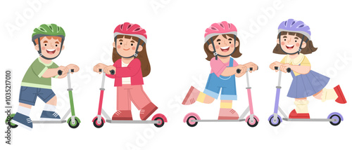 Vector illustration set of happy children riding kick scooters