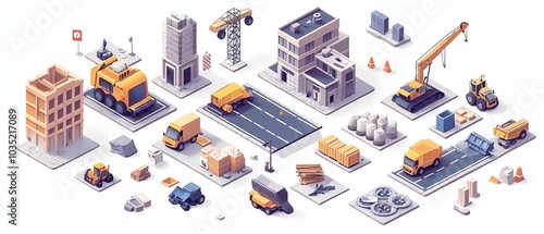 Fototapeta Naklejka Na Ścianę i Meble -  Flat 3D isometric collection of road construction elements, showcasing road tiles icons and a variety of buildings, suitable for online games and infographics