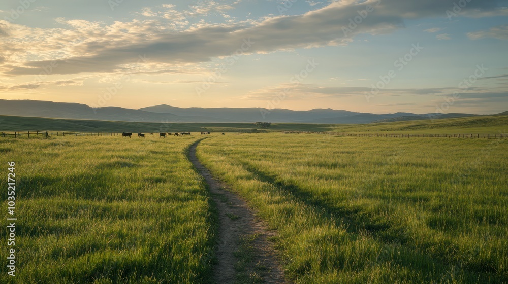 Fototapeta premium A vast meadow with soft green grass, featuring a winding pathway running through the center, inviting peaceful walks and offering a serene escape into nature's beauty.