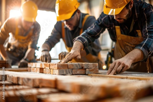 A group of workers in hard hats constructing a wooden framework