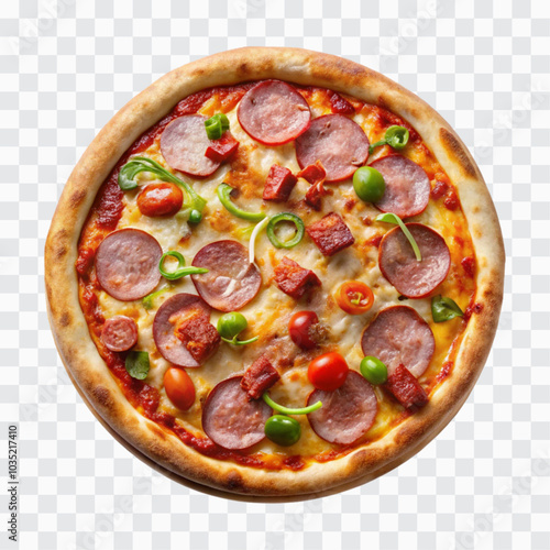 delicious pizza with ham and bacon slices, mozzarella cubes, tomatoes, bell pepper png design 