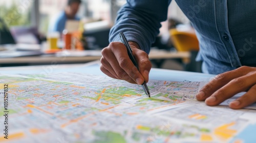 Fototapeta Naklejka Na Ścianę i Meble -  A close-up shot of an urban planner reviewing city maps and blueprints in a bustling municipal planning office, Urban planning office scene, Strategic planning style