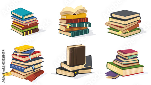 Cute colorful book collection. Set of different stacks and piles of books, open and closed books. Educational theme, scientific and fiction literature. Vector illustration isolated on white background