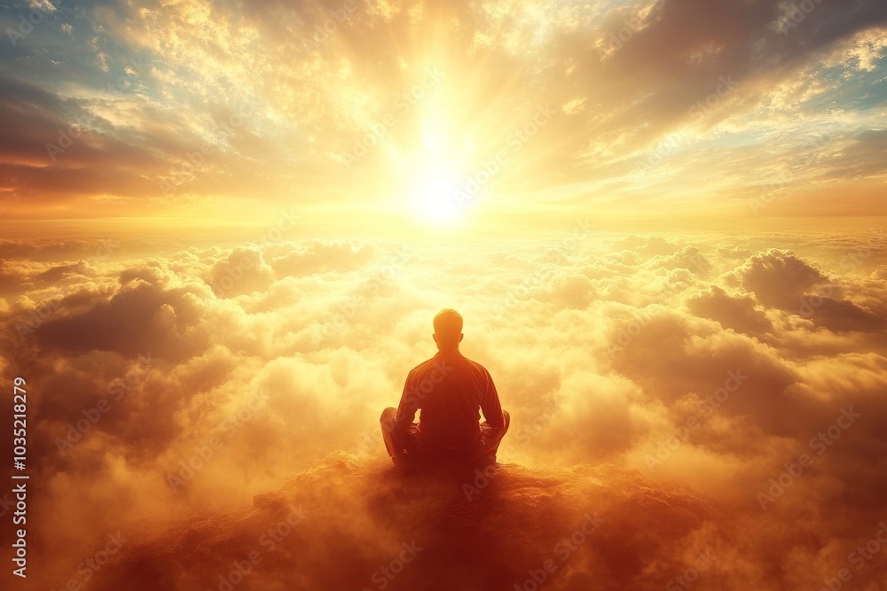 Silhouette of a person meditating above the clouds with a vibrant sunrise in the background symbolizing transcendence peace and spiritual awakening in a sublime atmosphere Silhouette of a person meditating above the clouds with a vibrant sunrise in the background symbolizing transcendence peace and spiritual awakening in a sublime atmosphere