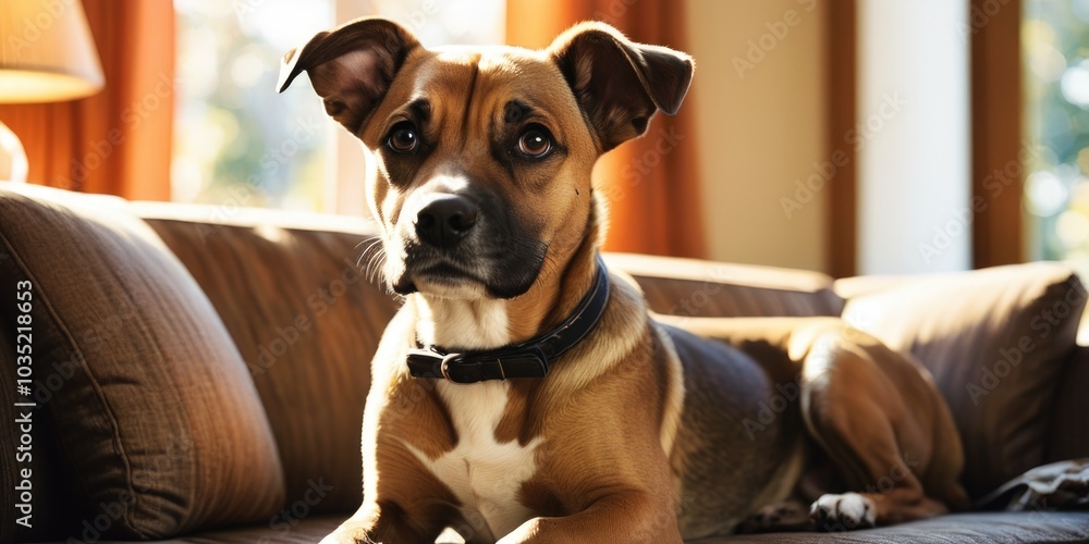 A playful dog relaxing on a cozy couch in a sunlit living room during the afternoon A playful dog relaxing on a cozy couch in a sunlit living room during the afternoon