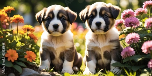 Two adorable puppies sitting among colorful flowers in a sunny garden during springtime