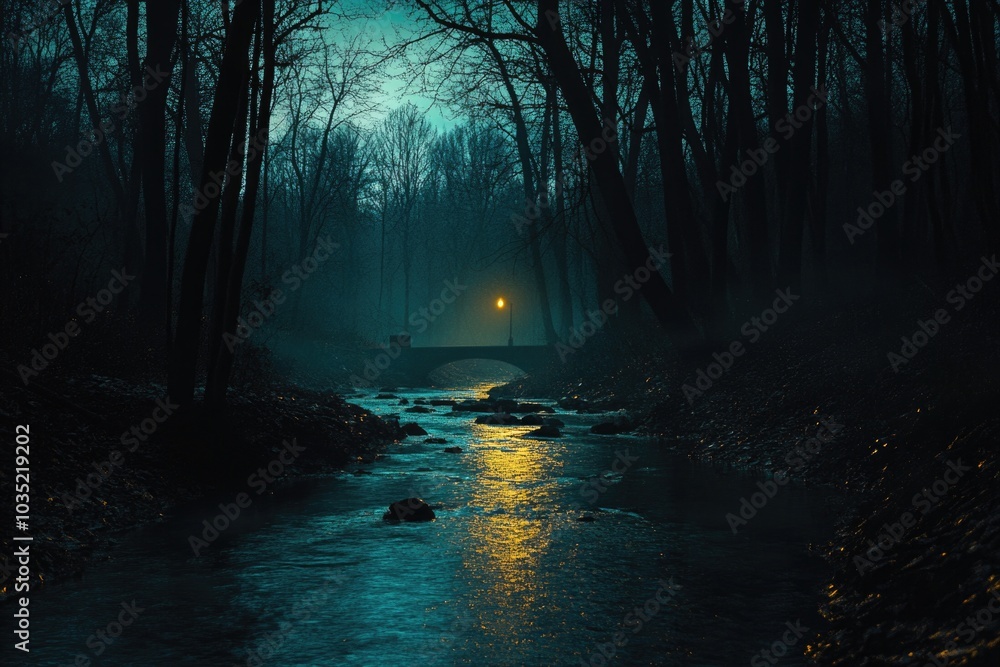 Fototapeta premium A serene forest scene with a small stream running through it under the stars at night