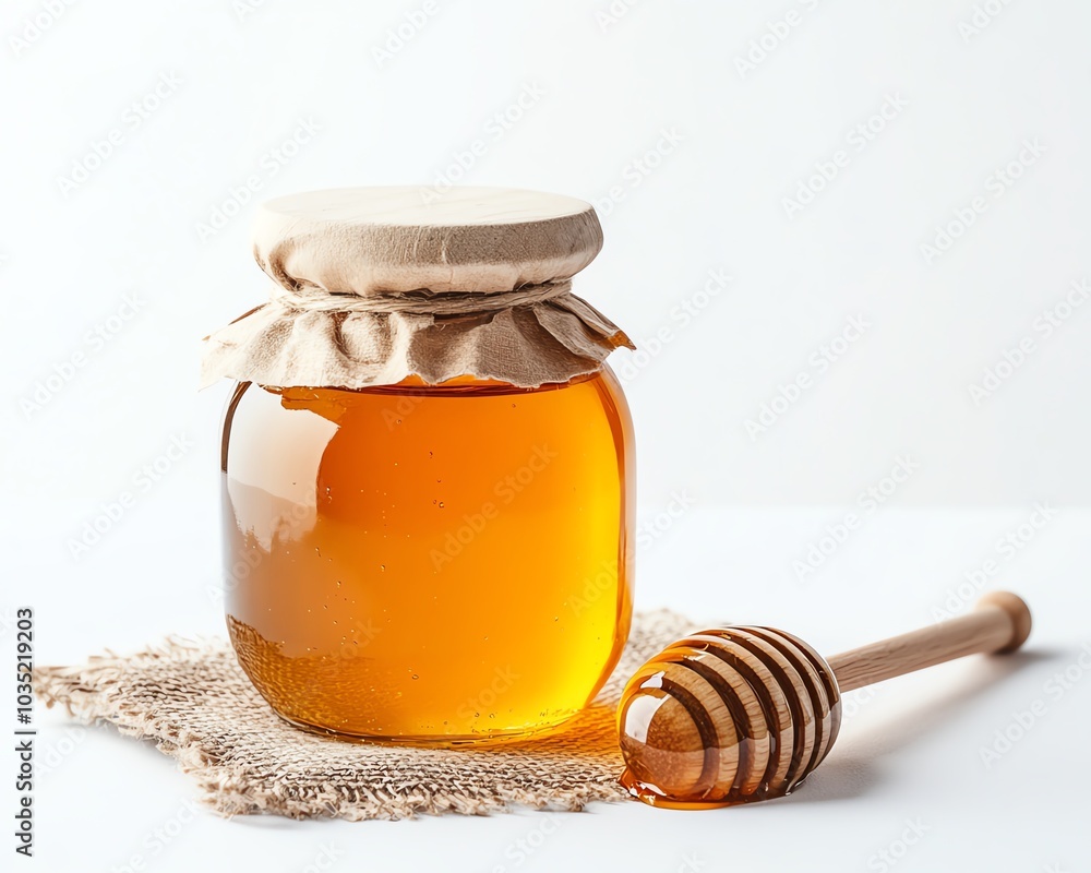 Aesthetic overhead shot of a honey jar and wooden dipper on a clean white background, providing clear copy space for product descriptions Aesthetic overhead shot of a honey jar and wooden dipper on a clean white background, providing clear copy space for product descriptions