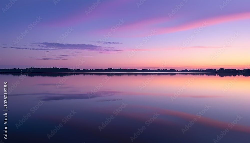 Serene Lakeside at Twilight with Soft Purple and Pink Reflections on the Water Serene Lakeside at Twilight with Soft Purple and Pink Reflections on the Water