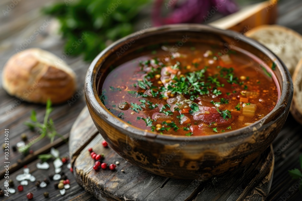Freshly prepared soup and crusty bread on a rustic wooden table, great for everyday meals or as a comfort food Freshly prepared soup and crusty bread on a rustic wooden table, great for everyday meals or as a comfort food