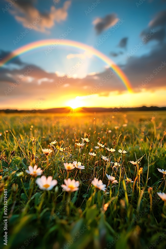 Fototapeta premium A breathtaking sunset scene featuring a vibrant rainbow arching over a blooming field of wildflowers. The picturesque setting captures the essence of nature's beauty.