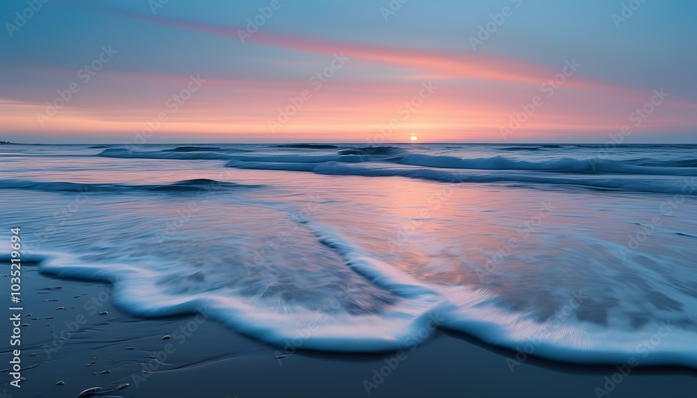 Empty Beach at Twilight with Gentle Waves Rolling Onto the Shore and a Pastel Sky Empty Beach at Twilight with Gentle Waves Rolling Onto the Shore and a Pastel Sky