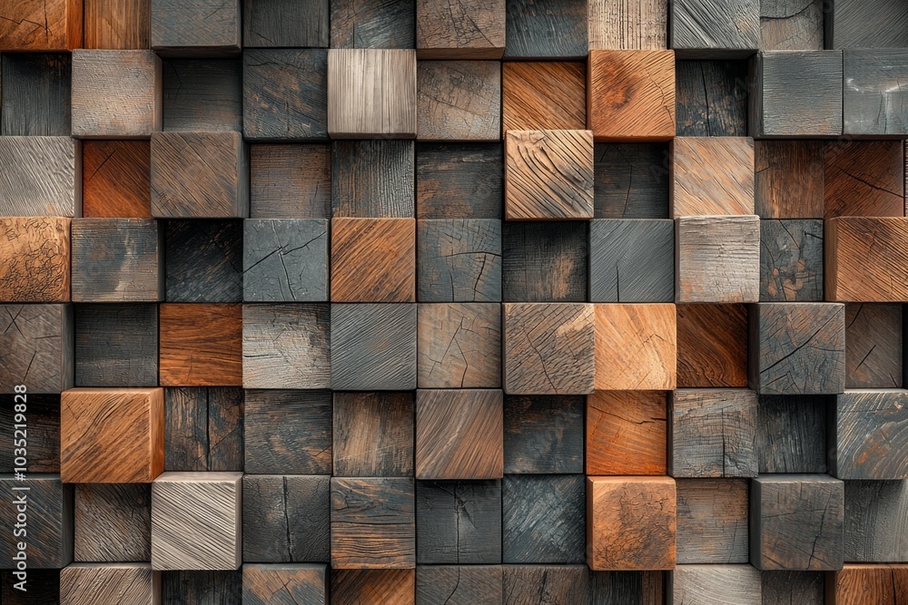 3D rendering of geometric wooden cubes arranged in an abstract pattern. The background is filled with various shades and types of wood. 3D rendering of geometric wooden cubes arranged in an abstract pattern. The background is filled with various shades and types of wood.