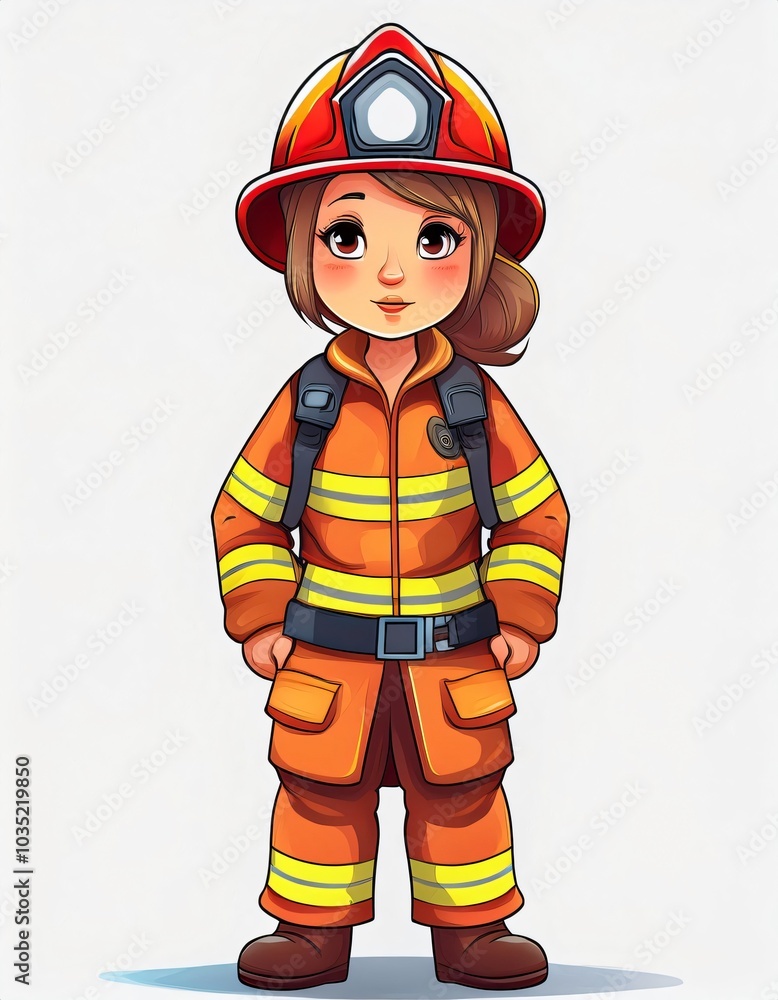 Cartoon illustration of a female firefighter wearing a uniform and helmet, looking brave and determined Cartoon illustration of a female firefighter wearing a uniform and helmet, looking brave and determined