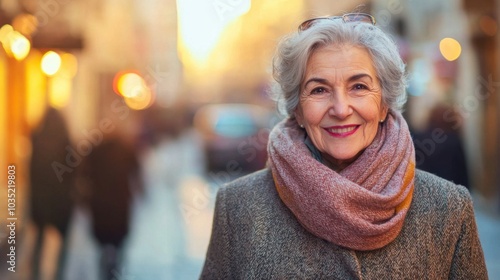 Portrait of stylish old lady in coat looking at camera and smiling. Street on blurred background